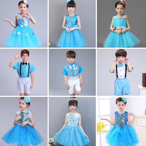 六一儿童演出服大童舞蹈表演服装幼儿园女童天蓝色亮片蓬蓬裙纱裙