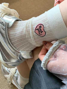 东大门夏季新款女袜网红韩版刺绣爱心字母坑条微透薄款透气中筒袜