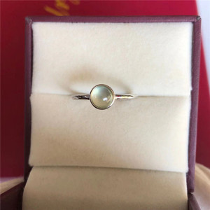 简约风S925纯银天然淡绿色葡萄石戒指女活口指环包镶圆形宝石指环