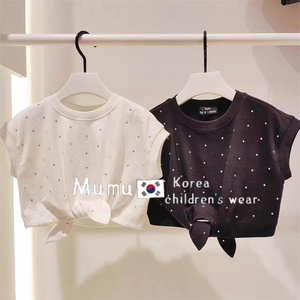 童装定制2023韩版夏季新款女童潮范圆点短袖短款T恤休闲洋气上衣