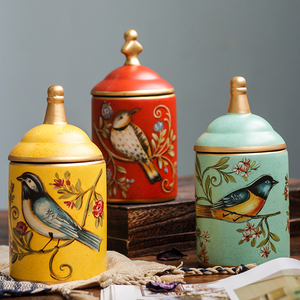 美式茶叶罐陶瓷防潮储物罐糖果罐摆件带盖欧式家居中式花鸟首饰盒