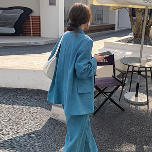 蓝色灯芯绒小西装套装外套女高级设计感春秋2024年新款职业西服