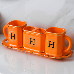 橙色家用一对陶瓷牙刷杯组合刷牙杯子牙缸情侣洗漱口杯套装带托盘