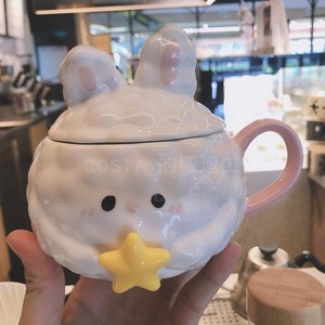 costa泡泡兔子陶瓷水杯马克杯可爱个性造型带盖卡通萌趣杯400ml