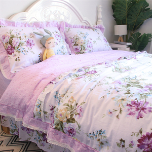 韩版田园风浅紫色蕾丝花边床上四件套全棉纯棉花卉被套荷叶边床单