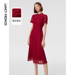 朗姿法式蕾丝时尚镂空红色连衣裙女春夏新款气质高级感中长款裙子