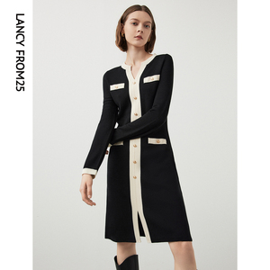 朗姿法式羊毛高腰V领气质高级感设计感女秋冬新款黑色针织连衣裙