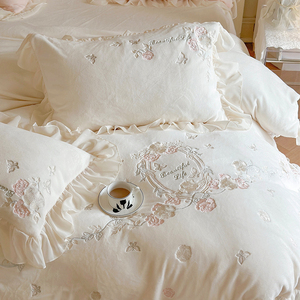 欧式公主风高密牛奶绒四件套宝宝绒加绒刺绣被套床单秋冬床上用品