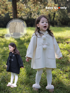 ｛BabyQ｝原创设计100%羊毛女童加厚秋冬外套雪宝大衣毛球牛角扣