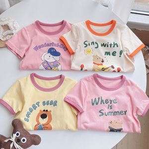 韩国童装2023新款女童短袖T恤纯棉宝宝卡通上衣洋气儿童夏装衣服