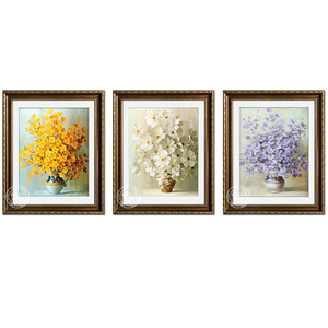 幸福三色花 美式装饰画客厅限量手绘油画 餐厅挂画组合花卉拼套画