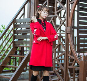羊毛红色大衣中长西装外套旗袍汉元素中国风汉服修身复古刺绣春秋