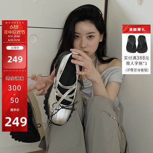 Mooreyu2024年新款时尚厚底玛丽珍鞋女夏圆头休闲单鞋黑色小皮鞋