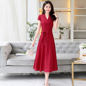 红色连衣裙女夏装2022年新款女装夏天显瘦气质收腰洋气女人味裙子
