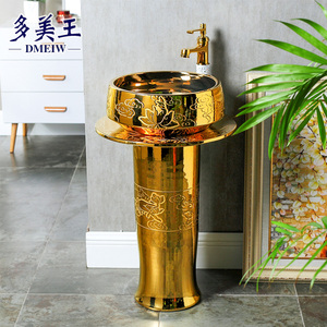 欧式金色艺术立柱盆陶瓷一体柱式洗脸盆落地式台盆立式洗手盆柱盆
