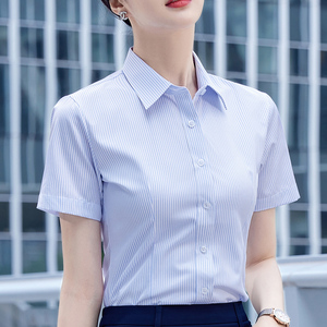 蓝色条纹衬衫女夏季短袖职业正装气质银行工作服商务竖条寸衣半袖
