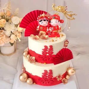 喜事喜字订婚百年好合凤钗凤凰结婚蛋糕装饰插件插牌新郎新娘摆件
