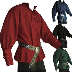 欧美复古Polo衫表演服中世纪平民服装翻领衬衫男款海盗服装cos服