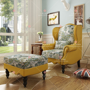 美式乡村皮艺老虎椅法式布艺复古休闲单人沙发简约小户型沙发脚凳