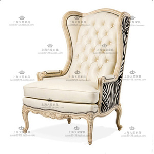 法式美式复古做旧皮艺老虎椅 欧式实木高背单人沙发椅 斑马纹沙发