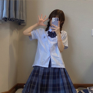 小岚の中JK衬衫短袖水蓝色制服白风琴褶衬衫夏日系学院风女狗皮