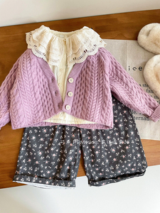 儿童毛衣开衫韩版女童保暖针织紫色短款外套厚款女宝宝洋气针织衫