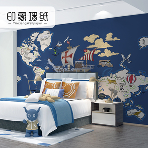 手绘英伦风航海地图墙纸男孩卧室海军风地中海儿童房床头壁画墙布
