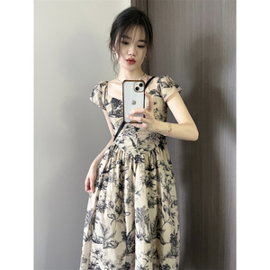 新中式水墨印花方领短袖连衣裙女夏季高级感气质收腰显瘦A字长裙