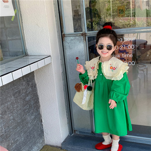 森系甜美韩国女童长袖连衣裙翻领刺绣花朵公主裙子春款中小童儿童