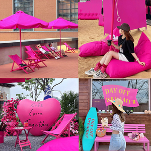 玫红色沙滩椅遮阳伞网红店铺摆件装饰打卡点布置粉色户外拍照道具