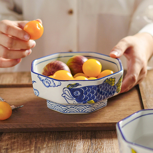 西田木雨创意国潮陶瓷八角碗中式复古手绘青花锦鲤家用菜碗甜品碗