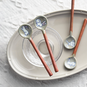 咖啡搅拌勺日本进口粗陶手工勺复古短款可爱日式陶瓷迷你小勺子