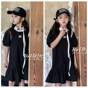 L+IKISSBABY潮牌女童2024夏款韩版新款亲子字母刺绣短袖连衣裙
