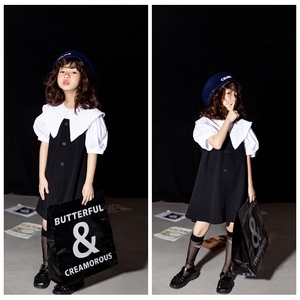L+IKISSBABY潮牌女童2022夏款韩版新款气质法式娃娃领黑色连衣裙