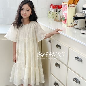 L+IKISSBABY潮牌女童2024夏款韩版新款洋气提花花朵短袖连衣裙