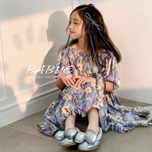 L+IKISSBABY潮牌女童2024夏款韩版新款洋气油画花朵短袖连衣裙