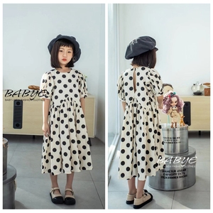 L+IKISSBABY潮牌女童夏款新款韩版洋气波点泡泡袖短袖连衣裙