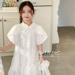 L+IKISSBABY潮牌女童2024夏款韩版中式旗袍新款米白色短袖连衣裙