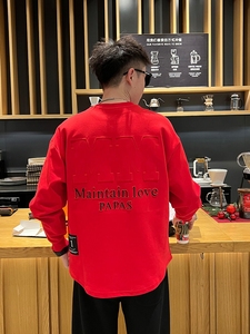 男士新款潮流个性袖子侧拉链涂鸦韩版ins字母套头设计感红色卫衣