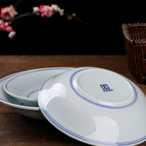 汤盘蓝边陶瓷面碗盘子简约家用餐具商用明式古碗中式复古菜盘深盘