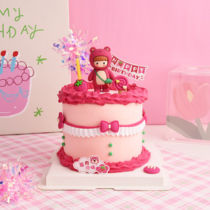 儿童生日蛋糕装饰卡通草莓背包玫红熊熊男孩玩偶摆件韩式复古插牌