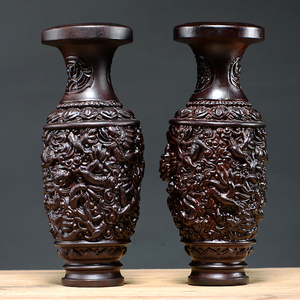 黑檀木雕装饰花瓶摆件实木客厅双龙戏珠家居中式花瓶工艺装饰品