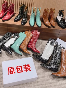 广州顶版现货西部鞋2024春季新款短靴真皮一脚蹬平跟杨幂同款靴子