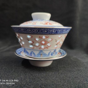 景德镇陶瓷老厂货手工绘制青花玲珑加彩茶具盖碗三才敬茶水杯收藏