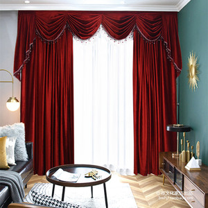 美式欧式意大利绒丝绒窗帘窗幔头帘头遮光暗红酒红砖红色卧室客厅