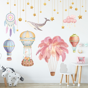 墙贴卡通儿童房间幼儿园墙壁装饰贴纸热气球羽毛粉色少女心公主房