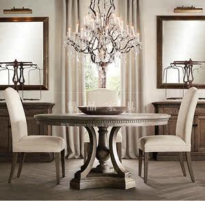 美式实木橡木餐桌法式复古圆餐台 圆桌仿古做旧客厅饭桌家具