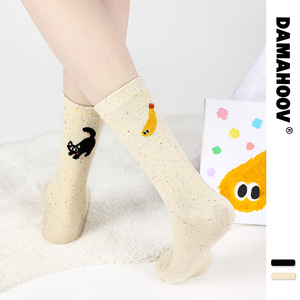 DAMAHOOV秋季新款原创设计感袜子女时尚个性插画ab版纯色中筒袜