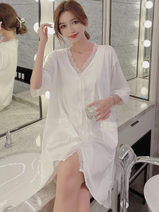 2023年新款夏季纯欲睡衣女性感白衬衫高级感冰丝短袖宽松大码睡裙