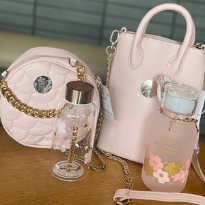星巴克杯子新品限量版樱花粉玻璃带包包套装高颜值少女便携水杯